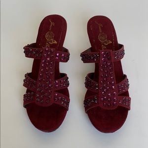 JOAN BOYCE Wine Suede Mules w/ Pink Rhinestones